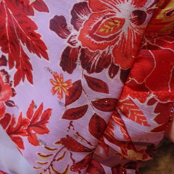 Skies Are Blue XS Semi Sheer Floral Metallic Tiered V-Neck Maxi Dress - Picture 16 of 16